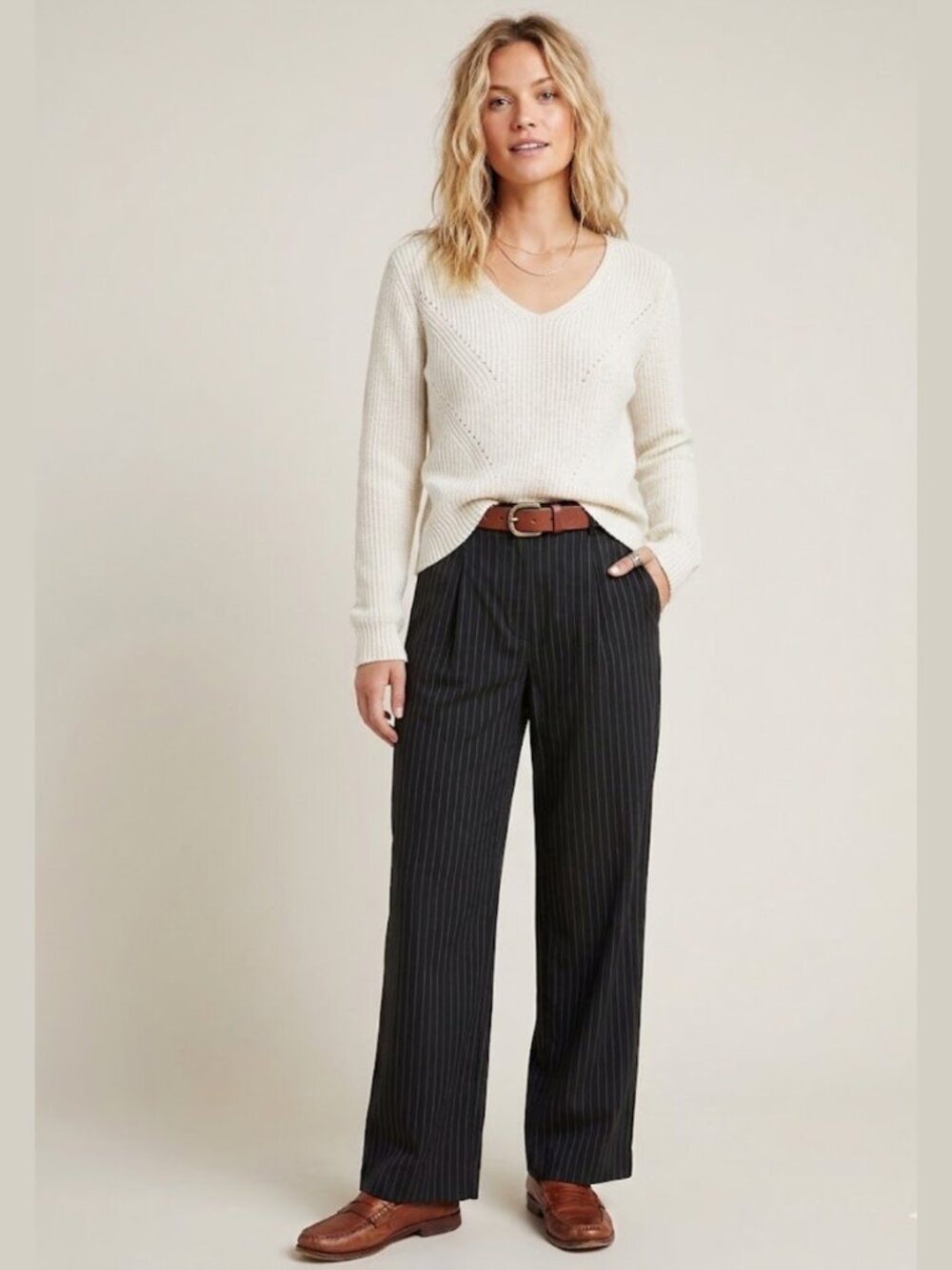 ANTHROPOLOGIE WAYF Pinstripe Highwaist Wide Leg Cotton Trouser Sz M Minimalist